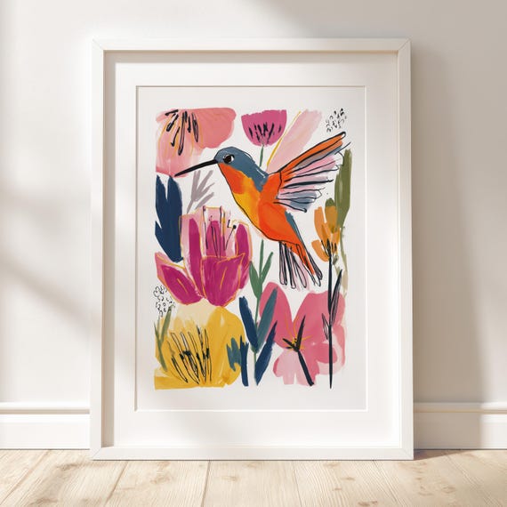 Hummingbird Botanical Print Vibrant Gouache Nature Illustration Colorful Modern Bird Art