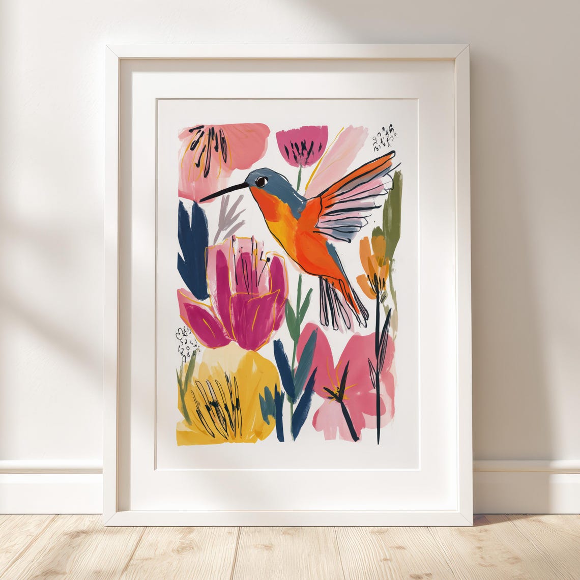 Hummingbird Botanical Gouache Colorful Bird Floral Art Poster