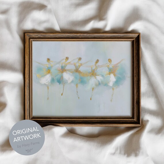 Ballerinas Pastel Dance Scene Poster Elegant Five Dancers Soft Gold Blue