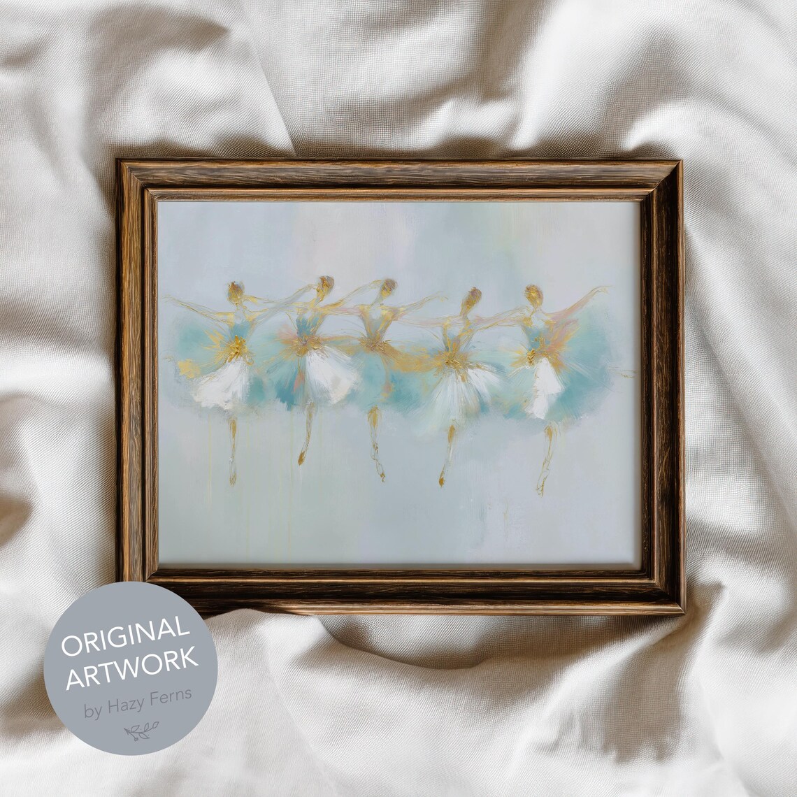 Ballerinas Pastel Dance Scene Poster Elegant Five Dancers Soft Gold Blue