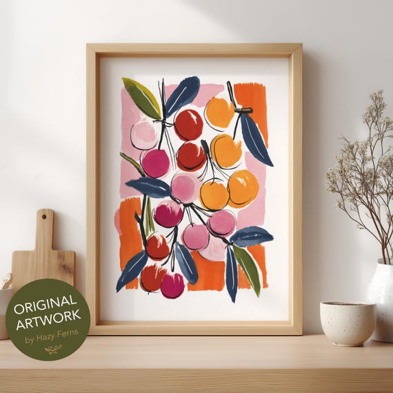 Juicy Cherry Art Print Colorful Gouache Style Bright Kitchen Wall Poster 5
