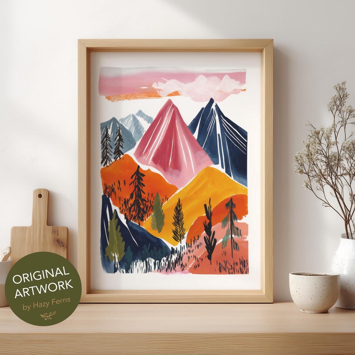 Colorful Mountain Art Print, Gouache Style Scenic