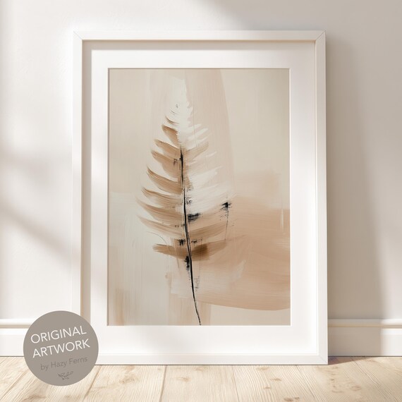 Abstract Fern Leaf Print Neutral Minimalist Botanical Wall Art Beige Brush Stroke Poster