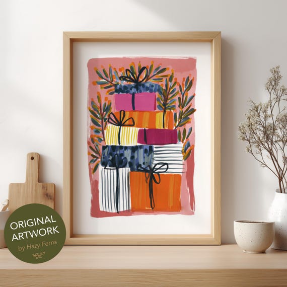 Stacked Gift Art Print Colorful Gouache Style Festive Holiday Wall Poster 16