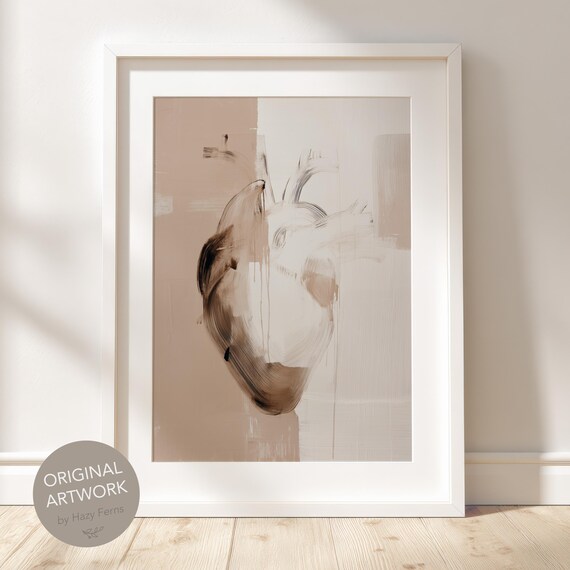 Abstract Heart Anatomy Print Beige Brush Stroke Medical Art