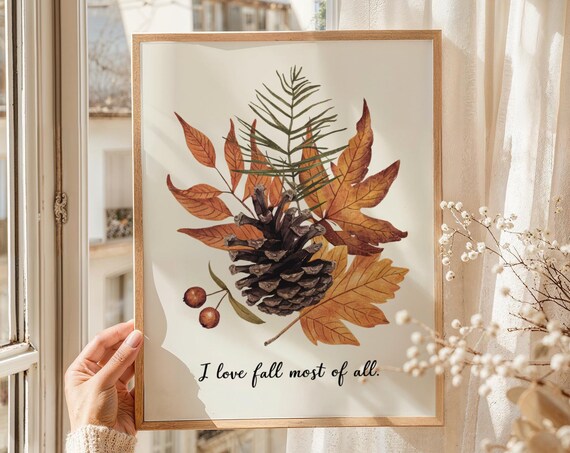 Watercolor Pinecone And Autumn Leaves Botanical Fall Nature Poster
