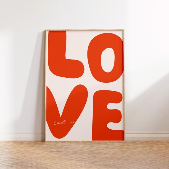 Vintage Red God Is Love Encouraging Christian Art 70s Retro Scripture Print Colorful Wall Maximalist Decor Cute Faith Poster