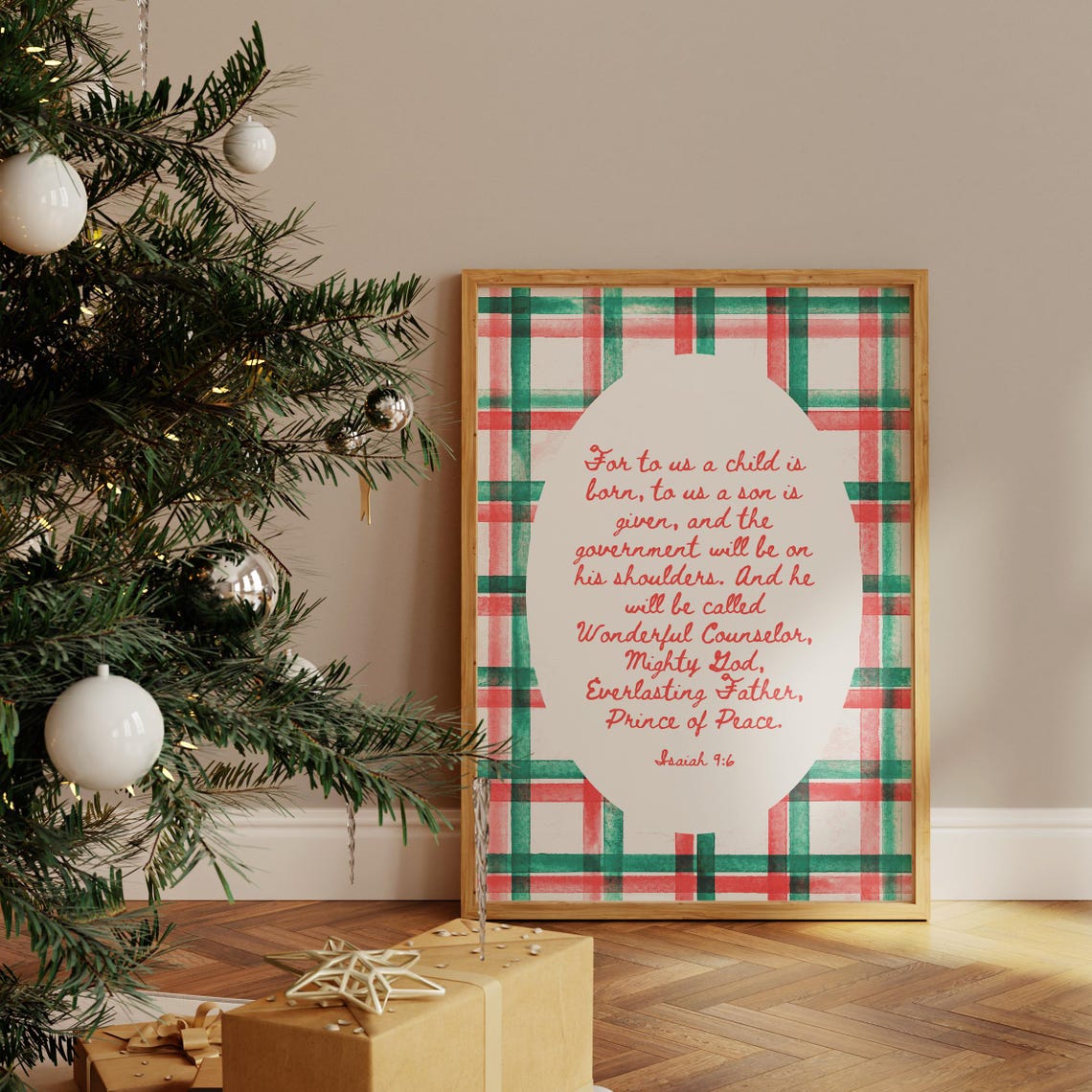 Isaiah 9 6 Christmas Scripture Plaid Border Faith Quote Art Poster