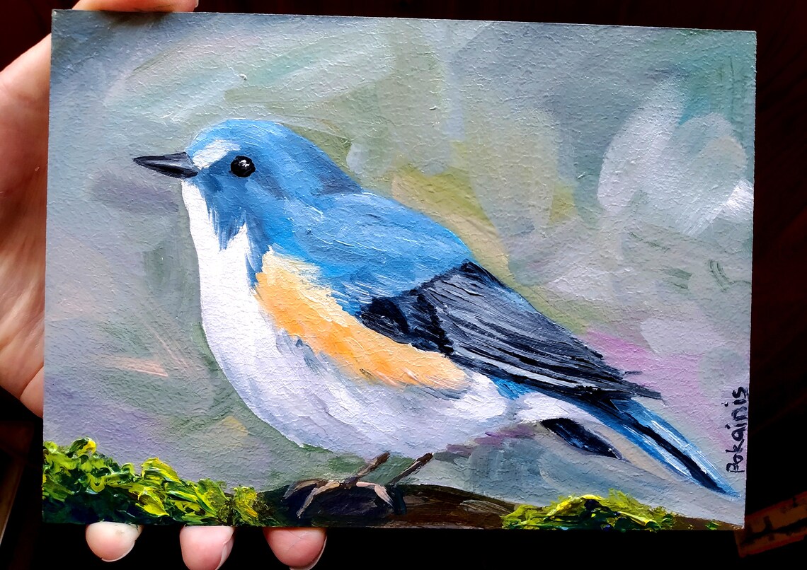 Blue and Orange Songbird Portrait Original Oil Bird Art Poster - Image 3