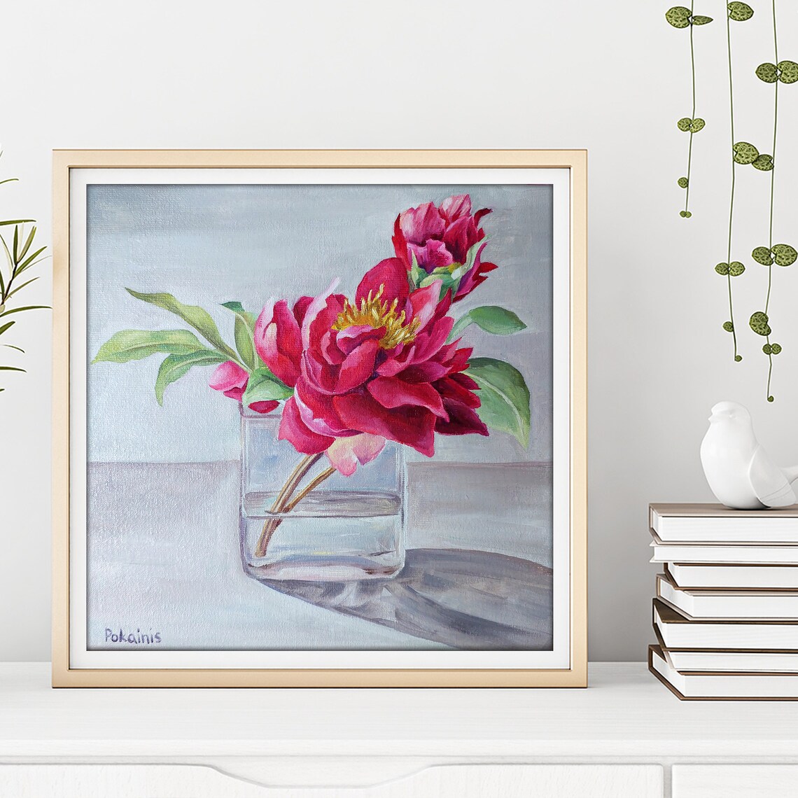 Red Peonies in Clear Glass Vase Oil Floral Still Life Poster - Image 4