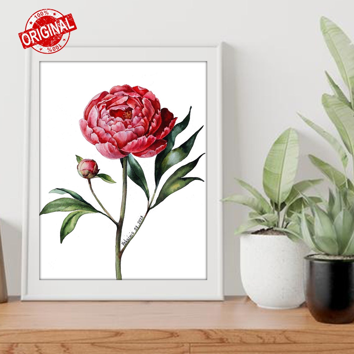 Coral Peony with Bud Watercolor Romantic Flower Botanical Poster - Image 3