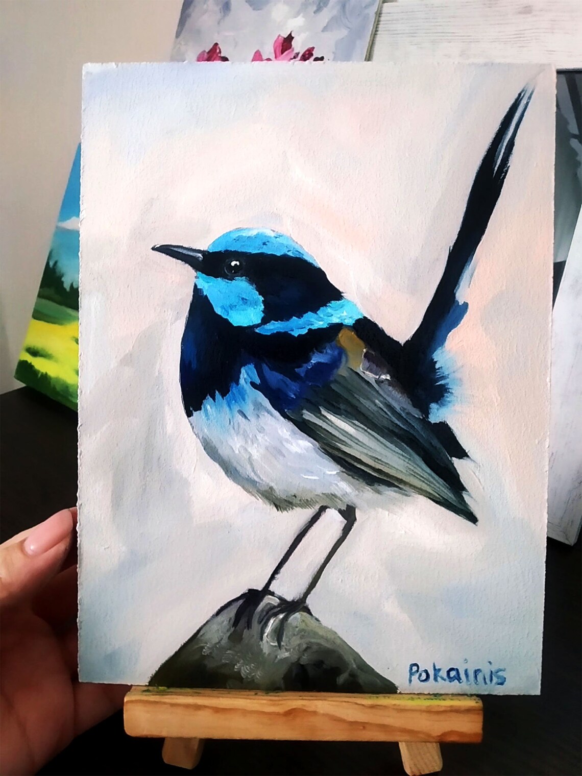 Superb Fairywren Male in Breeding Plumage Oil Bird Art Poster - Image 3