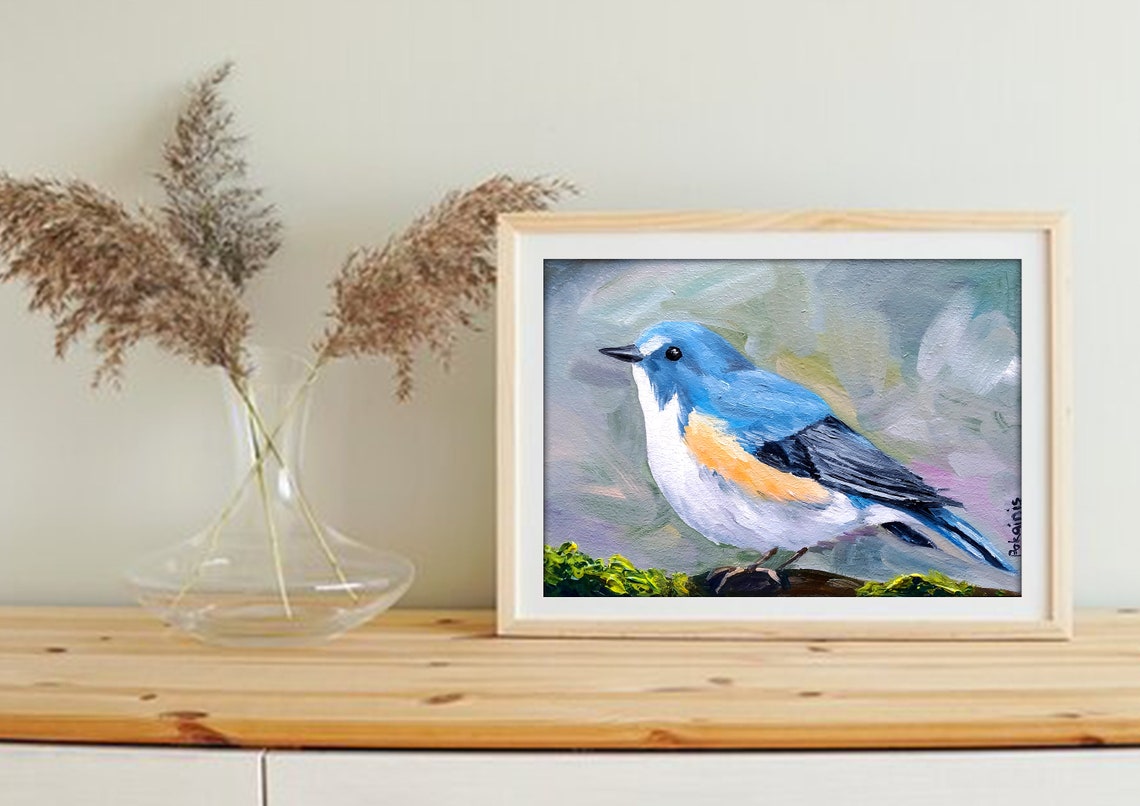 Blue and Orange Songbird Portrait Original Oil Bird Art Poster - Image 4