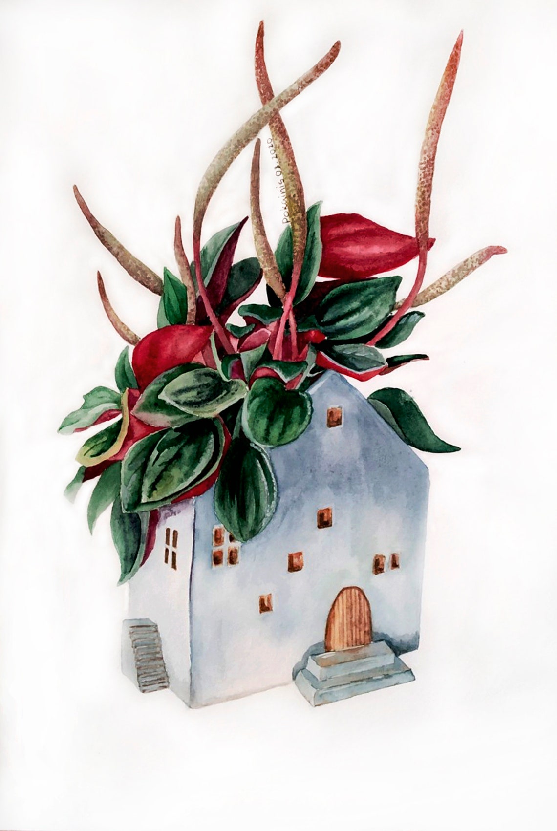 House Shaped Planter Watercolor Poster Leafy Green Home Decor