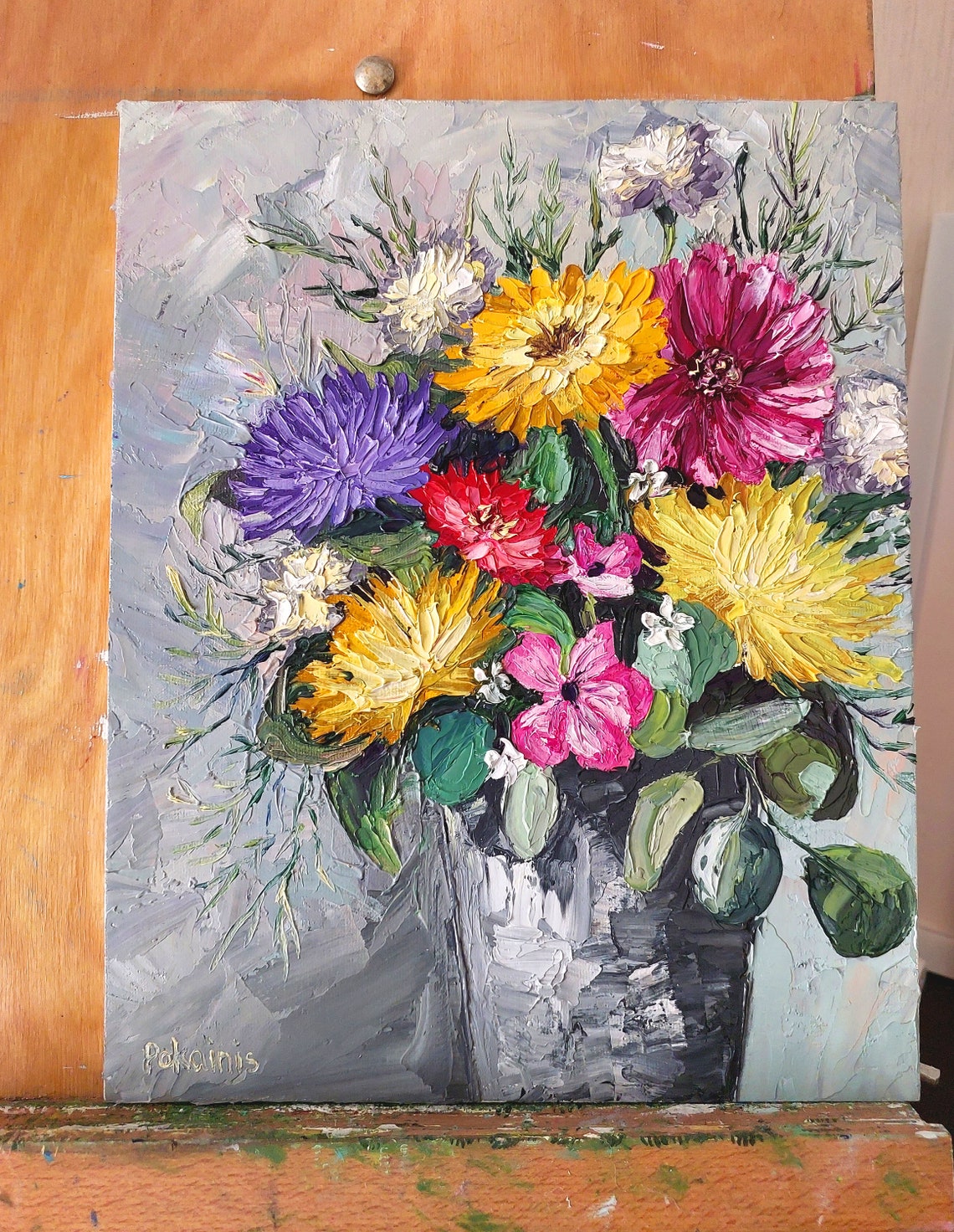 Colorful Chrysanthemum Bouquet in Dark Vase Impasto Oil Wall Art - Image 3