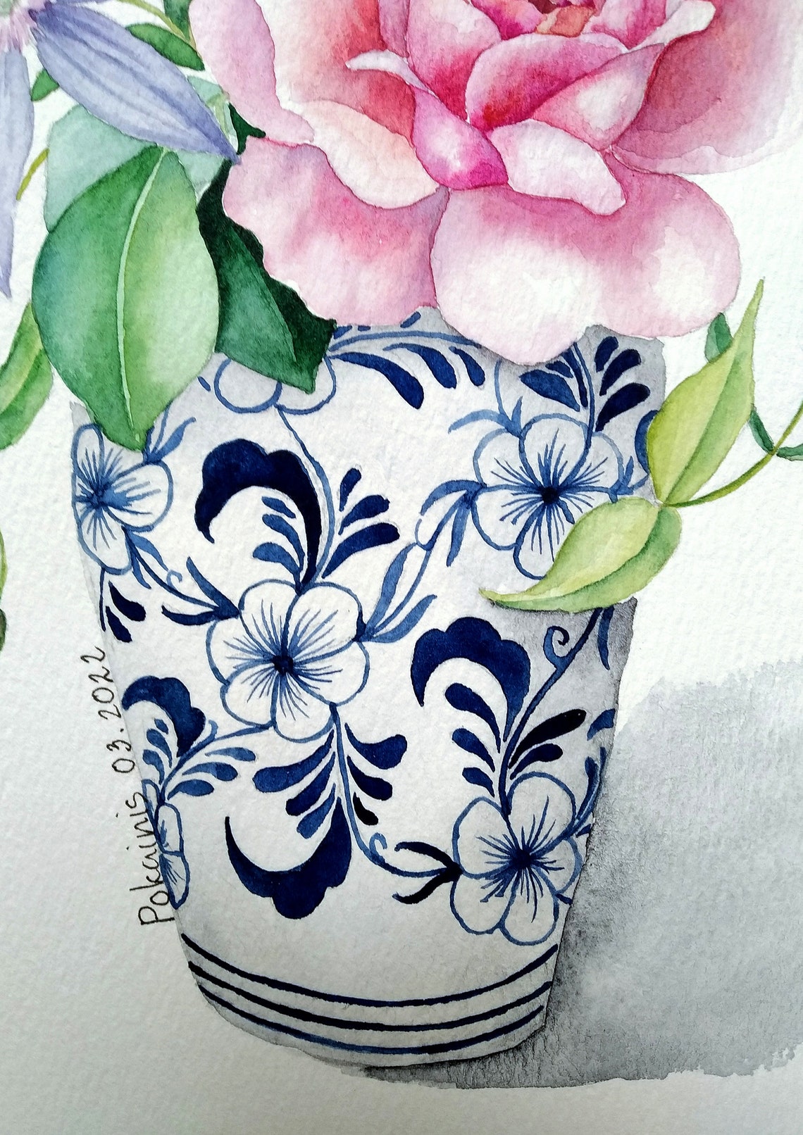 Watercolor Pink Rose Bouquet Poster In Blue Chinoiserie Vase - Image 4