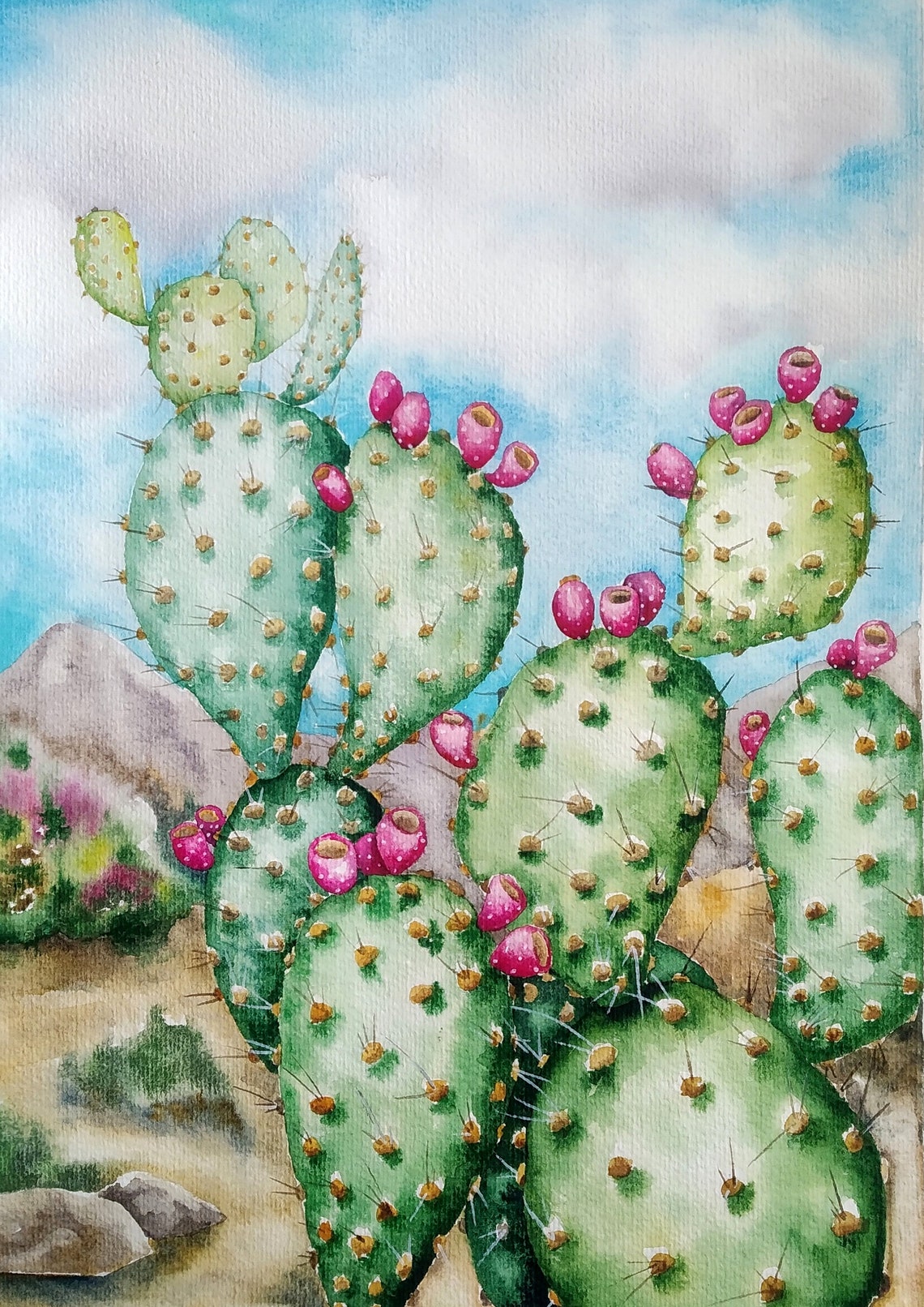 Prickly Pear Watercolor Poster With Pink Buds Desert Landscape