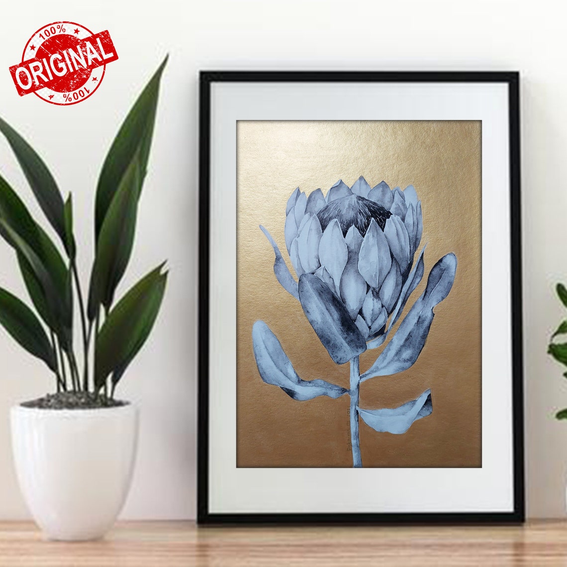 King Protea Grey Watercolor on Gold Background Floral Poster - Image 4