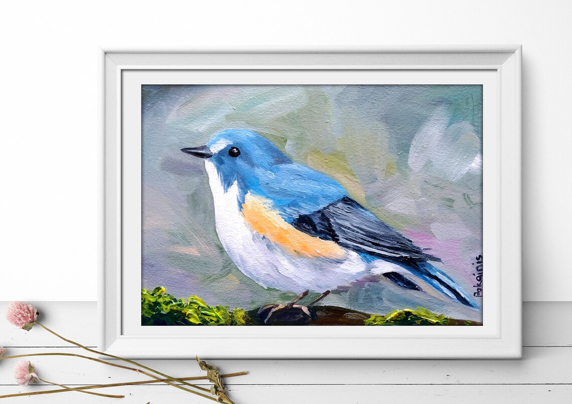 Blue and Orange Songbird Portrait Original Oil Bird Art Poster - Image 5