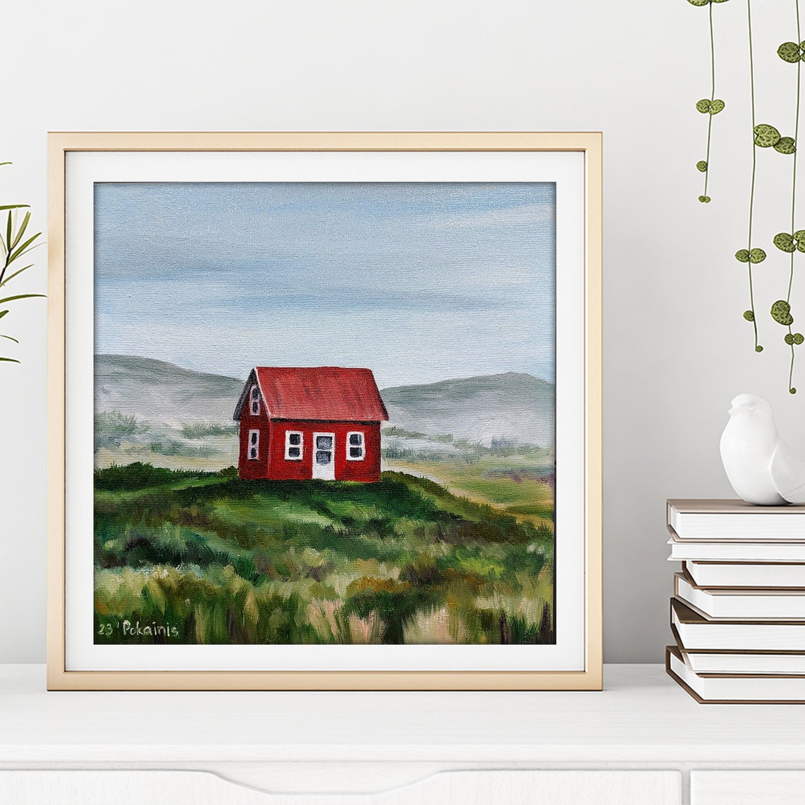 Little Red Cabin Oil Painting Poster Green Meadow Mountain View - Image 5