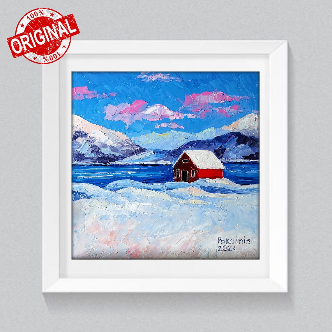 Red Cabin Winter Landscape Impasto Oil Painting Poster In Snow - Image 2