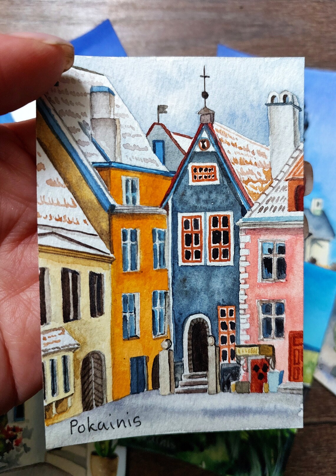 Colorful Old Town Street Houses Watercolor ACEO Miniature Art Poster - Image 2