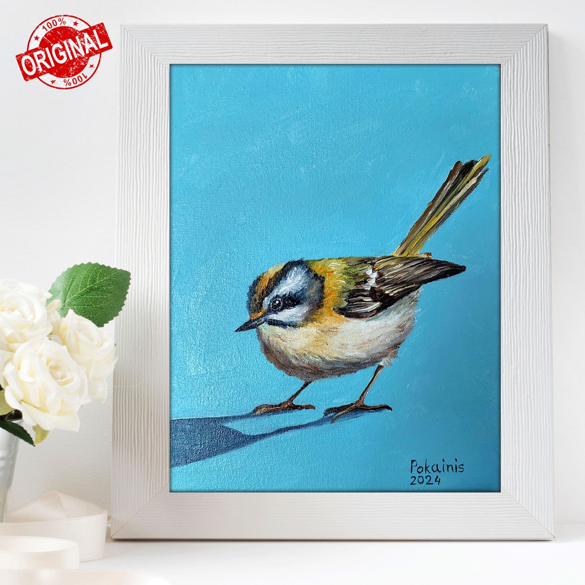 Tiny Songbird with Striped Crown Turquoise Oil Portrait Poster - Image 4