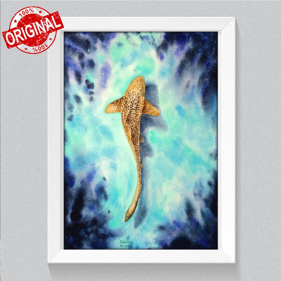 Leopard Shark Gliding through Turquoise Water Watercolor Poster - Image 2