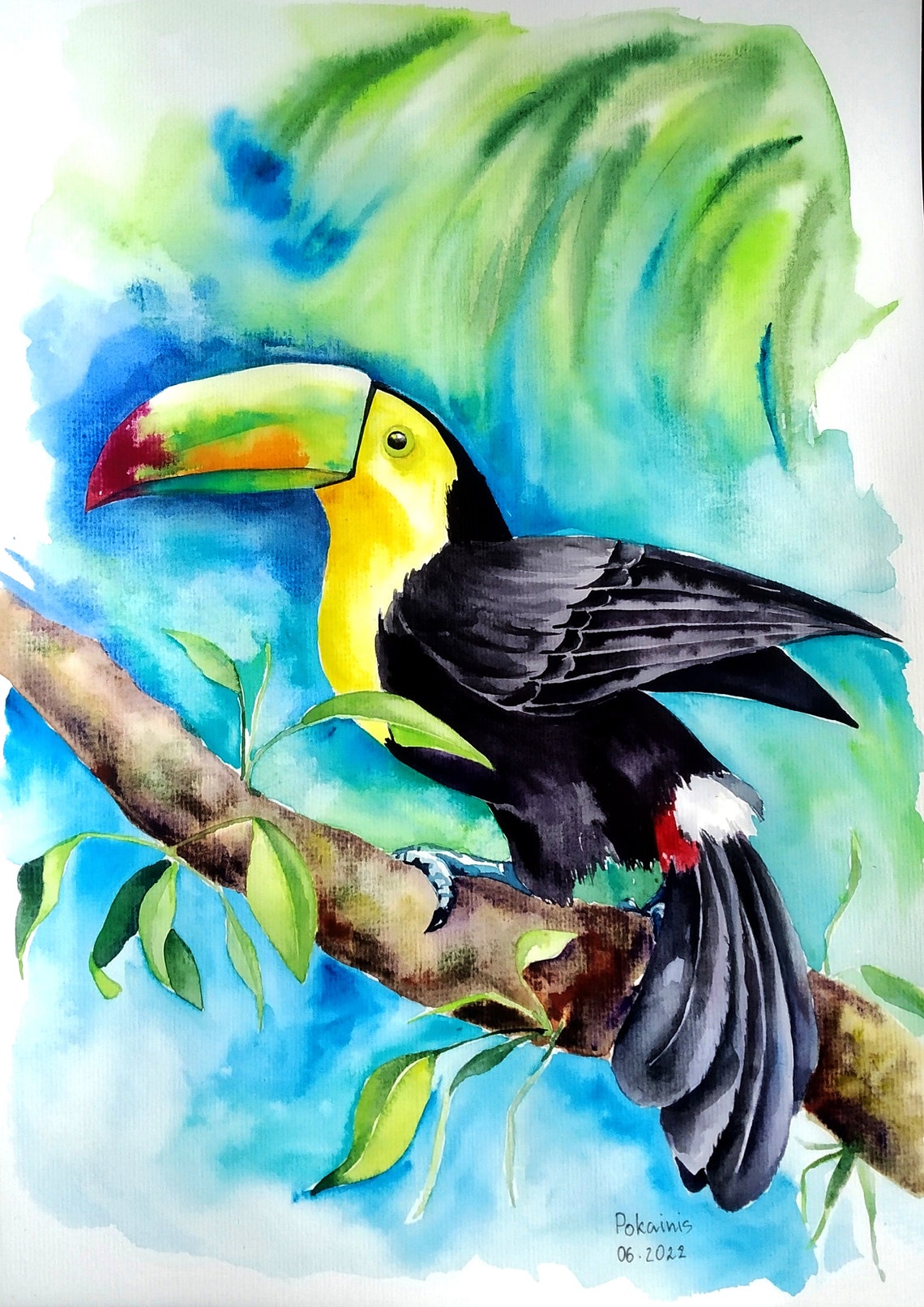 Toucan Watercolor Tropical Bird Perched on Branch Nature Poster
