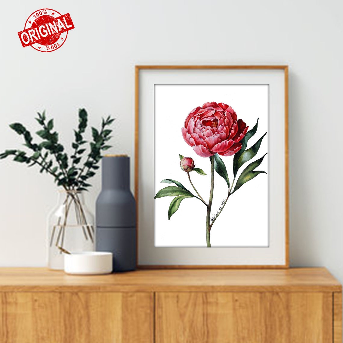 Coral Peony with Bud Watercolor Romantic Flower Botanical Poster - Image 4