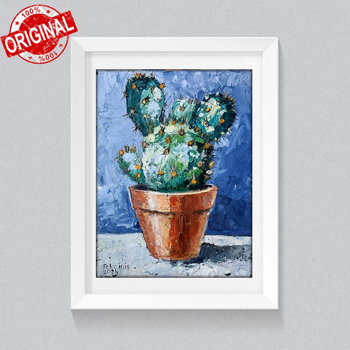 Prickly Pear Cactus in Terracotta Pot Impasto Oil Blue Poster - Image 4