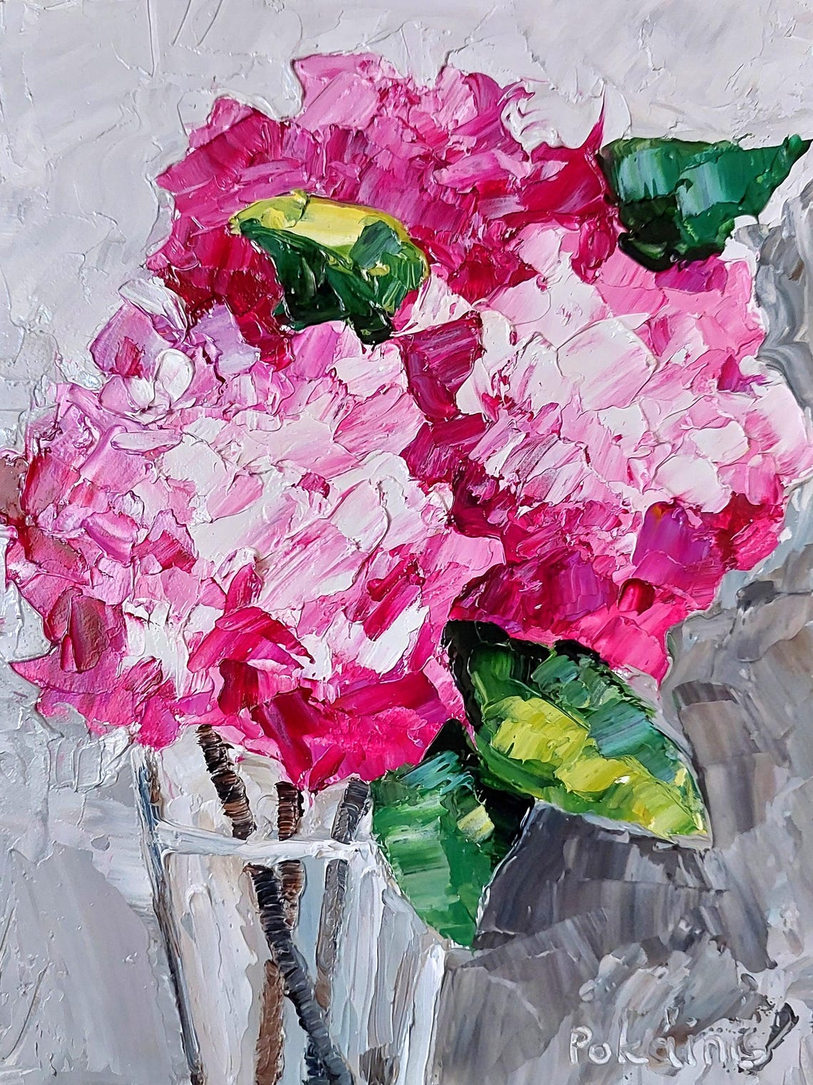 Pink Hydrangea Bouquet in Glass Vase Impasto Oil Flower Poster