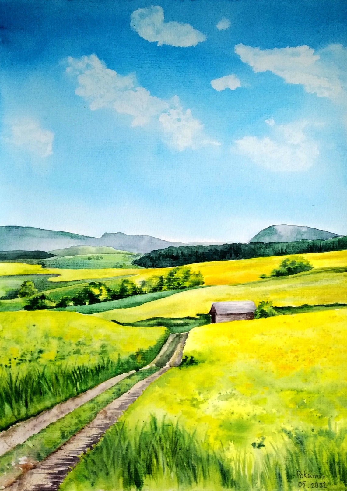 Green Meadow Dirt Path to a Cabin Watercolor Country Scene Poster