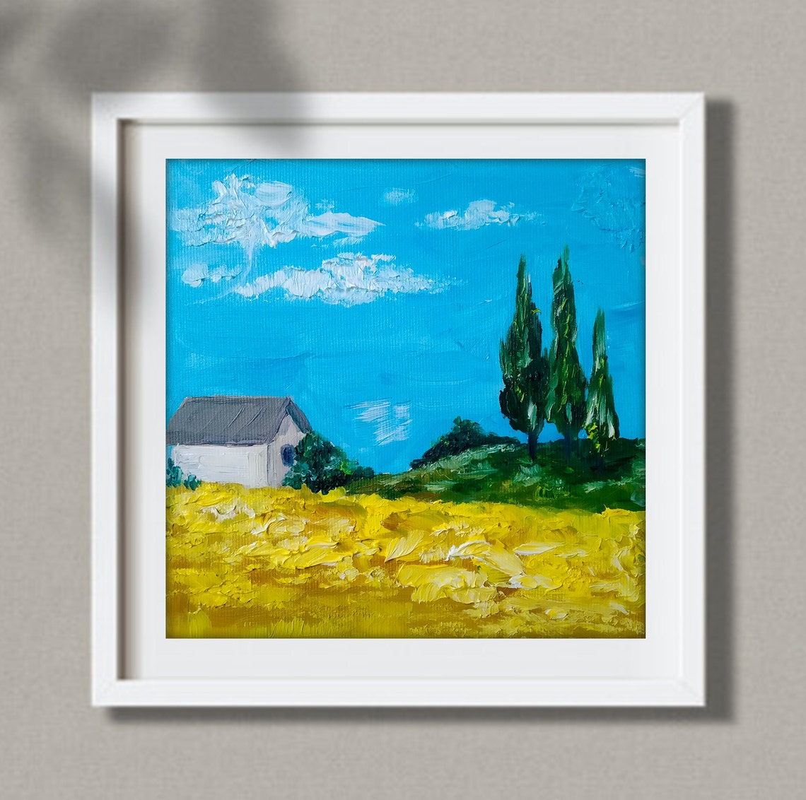 Sunlit Wheat Field White Cottage Tall Cypresses Impasto Poster - Image 2