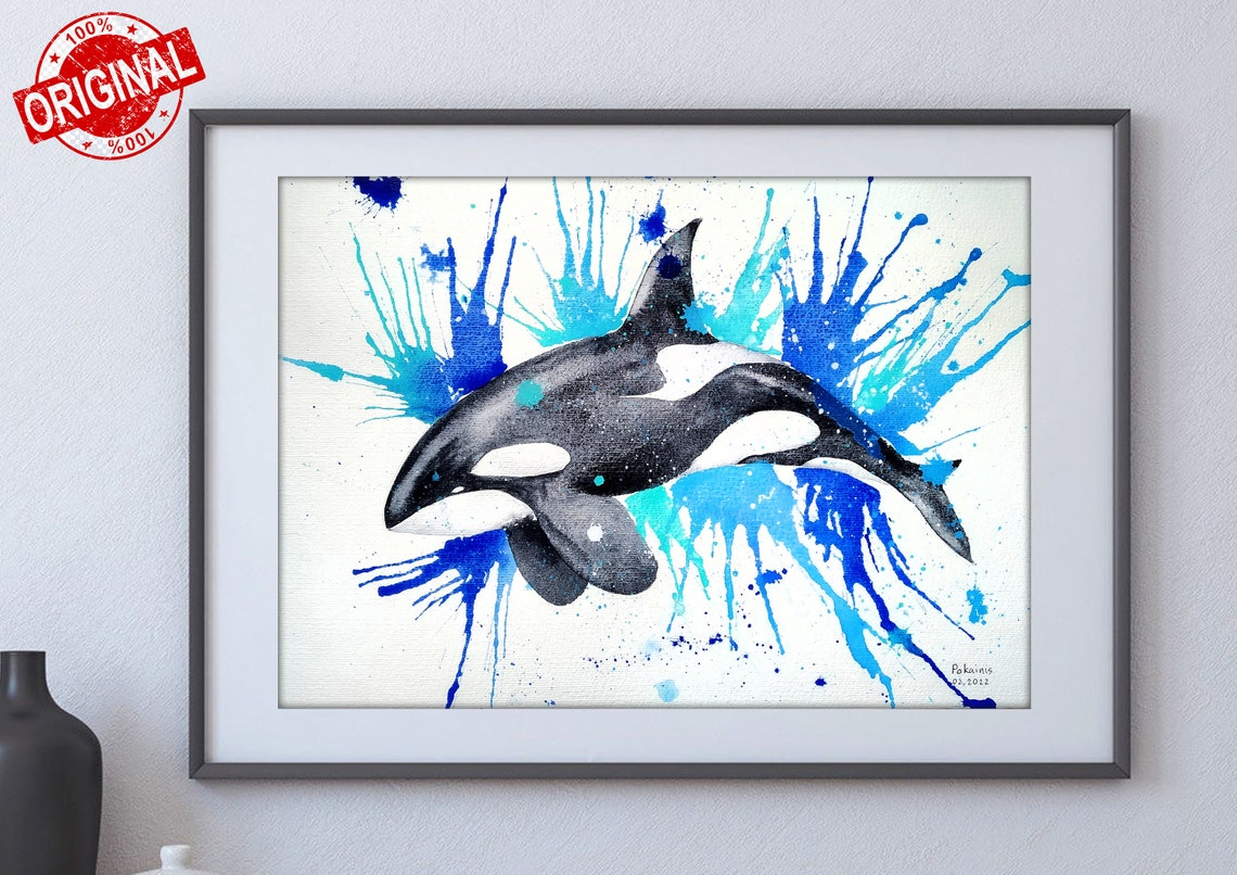 Orca Killer Whale with Bright Blue Splashes Watercolor Poster - Image 2