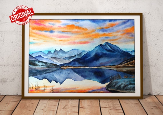 Original Watercolor Painting Mountain Painting Sunset Wall Art Lake Watercolor Lake House Gift Custom Lake Art Blue Mountain Wall Art