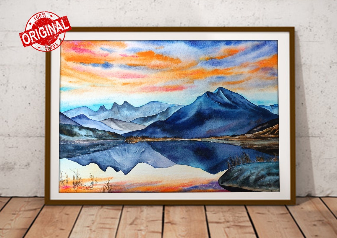 Original Watercolor Painting Mountain Painting Sunset Wall Art Lake Watercolor Lake House Gift Custom Lake Art Blue Mountain Wall Art