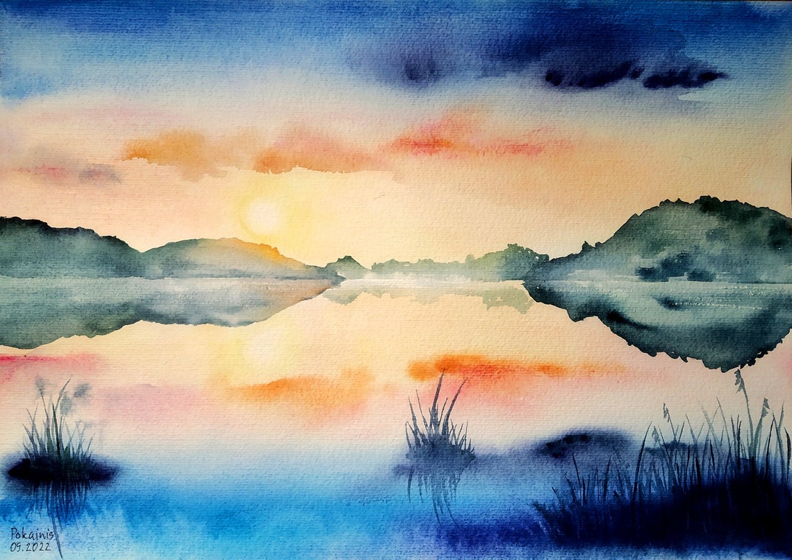 Original Lake Watercolor Painting Misty Landscape Artwork Watercolor Landscape Painting From Photo River Sunset Wall Art Seascape Art