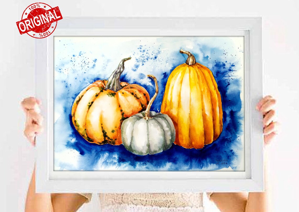 Three Pumpkins of Autumn Harvest Watercolor Still Life Poster - Image 3