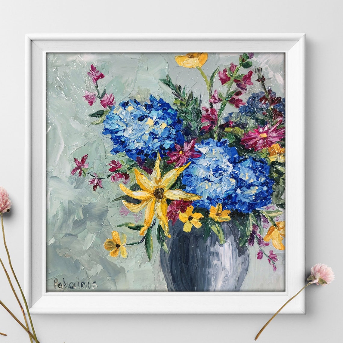 Blue Hydrangeas and Golden Daisies Bouquet Vase Impasto Oil Poster - Image 4