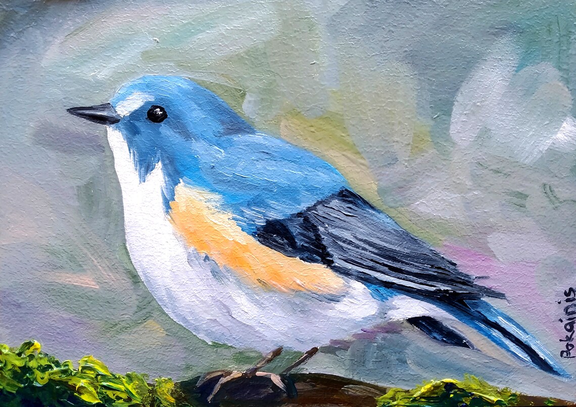 Blue and Orange Songbird Portrait Original Oil Bird Art Poster