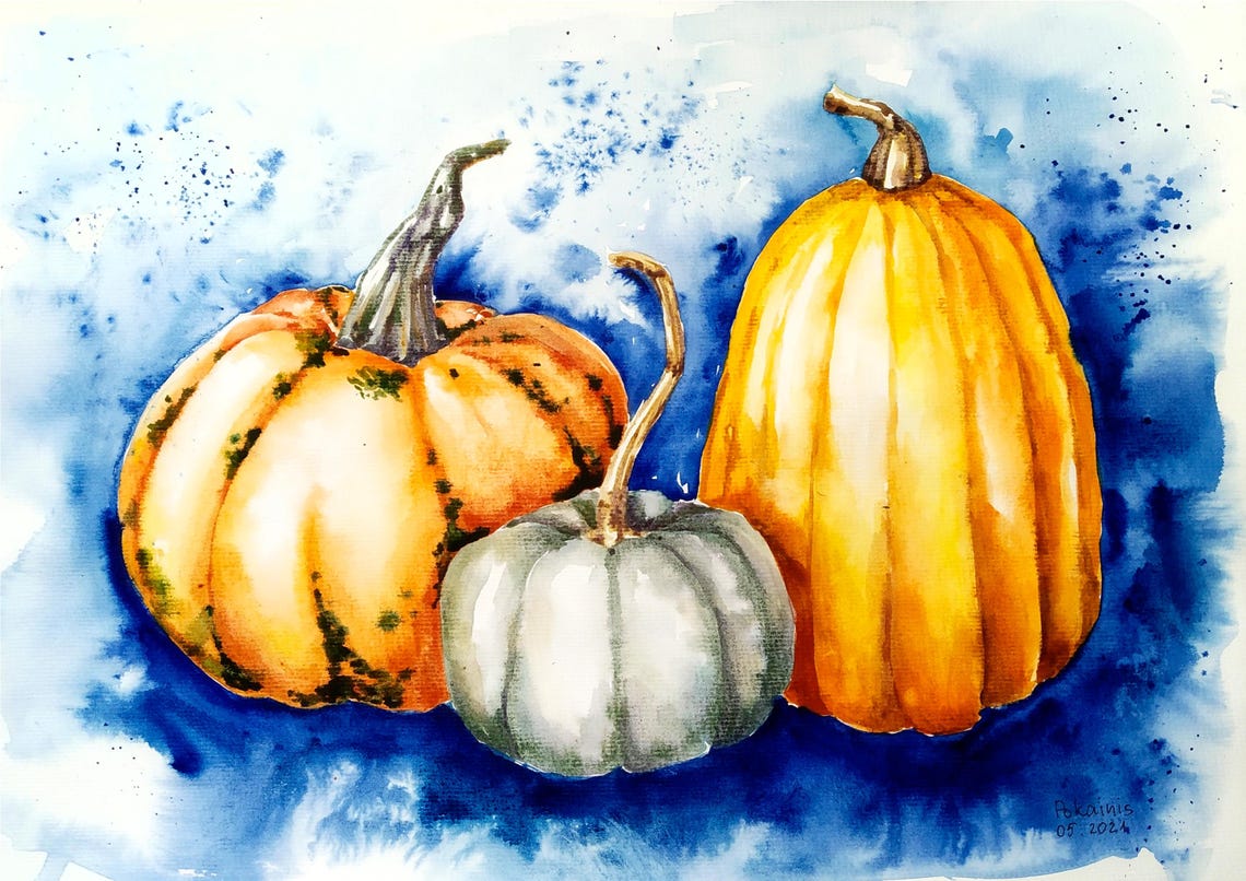 Three Pumpkins of Autumn Harvest Watercolor Still Life Poster