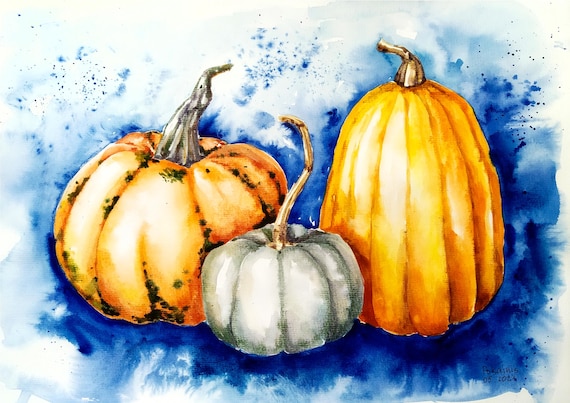 Three Pumpkins of Autumn Harvest Watercolor Still Life Poster