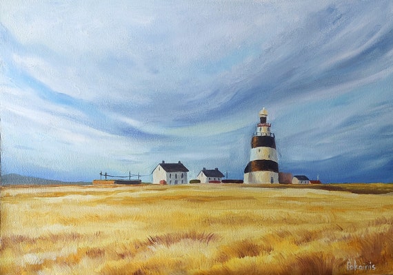 Original Landscape Oil Painting Lighthouse Painting Farmhouse Wall Art Wheat Field Art Countryside Colorful Wall Art Kitchen Fine Art