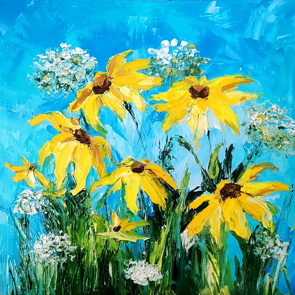 Yellow Coneflowers Swaying Against Blue Sky Impasto Oil Poster
