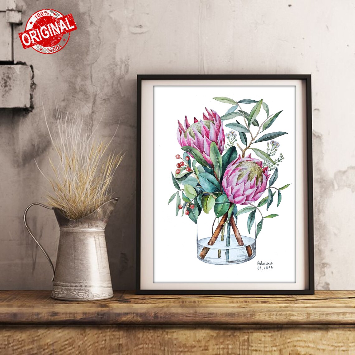 Pink Protea Flowers Arranged in Glass Vase Watercolor Wall Art - Image 3