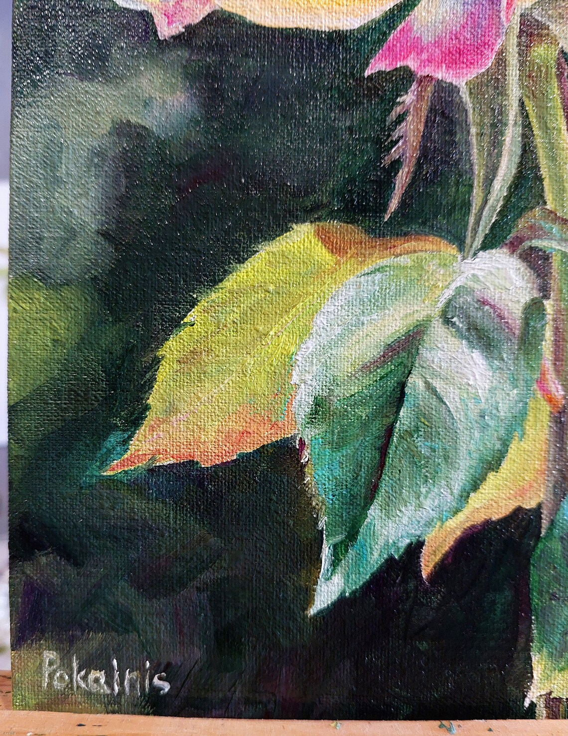 Yellow Pink Rose Oil Painting Sunlit Garden Flower Close Up Poster - Image 2