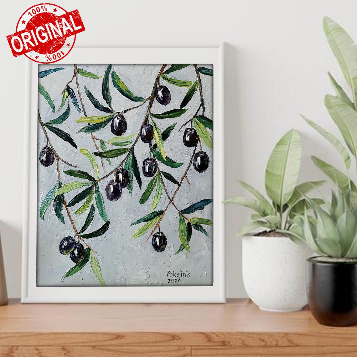 Black Olive Branch Impasto Oil Painting Poster Mediterranean Art - Image 3