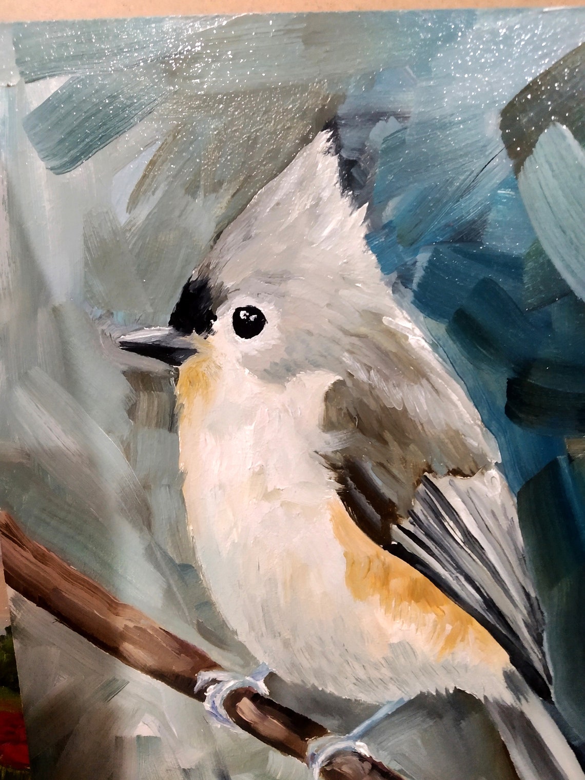Tufted Titmouse on Snowy Branch Winter Oil Bird Portrait Poster - Image 2