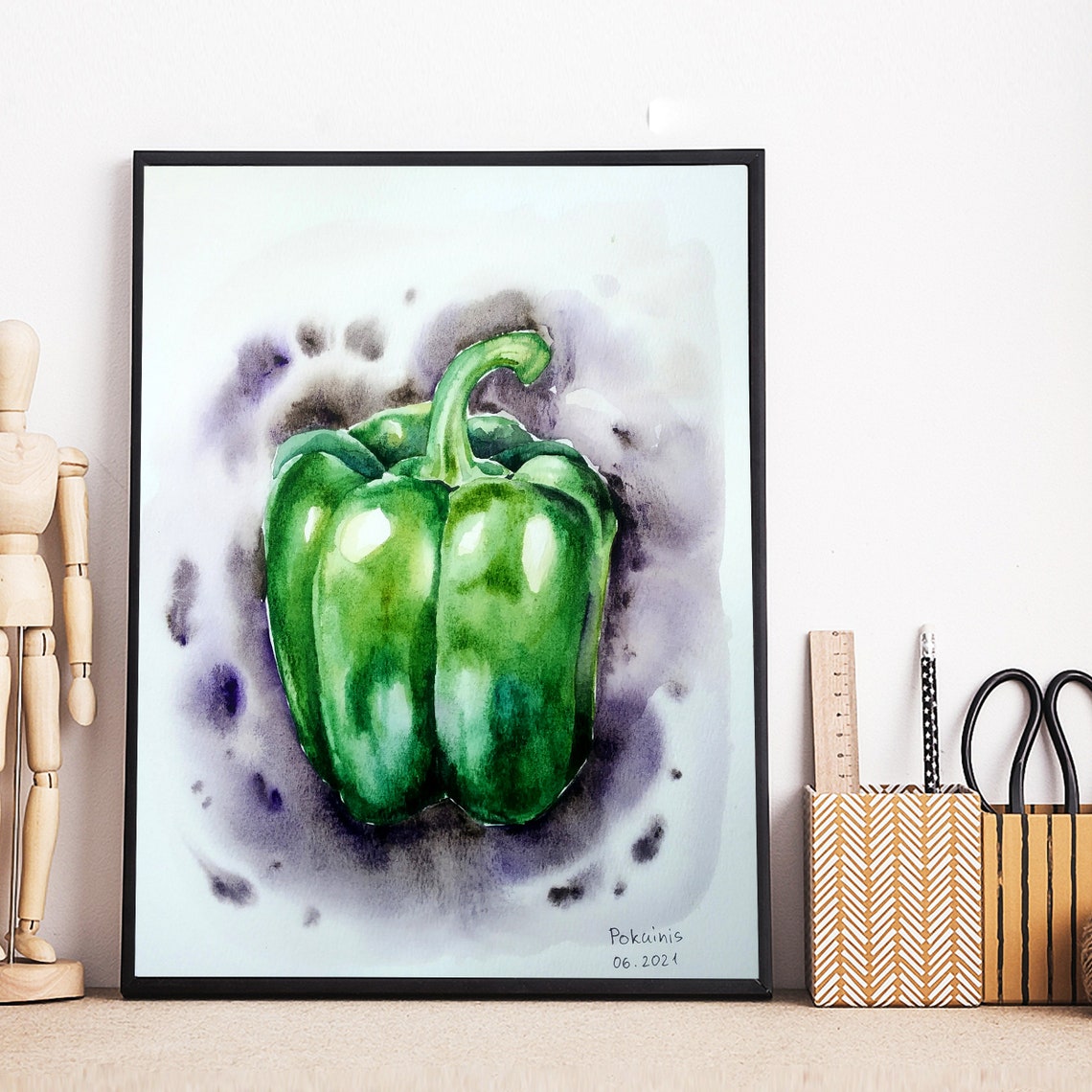 Green Bell Pepper Watercolor Vegetable Still Life Kitchen Poster - Image 2